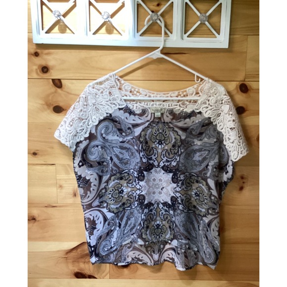 ONE WORLD Tops - One World Paisley Chiffon Blouse Crochet Lace Shoulder Boho Top Brown Cream PM